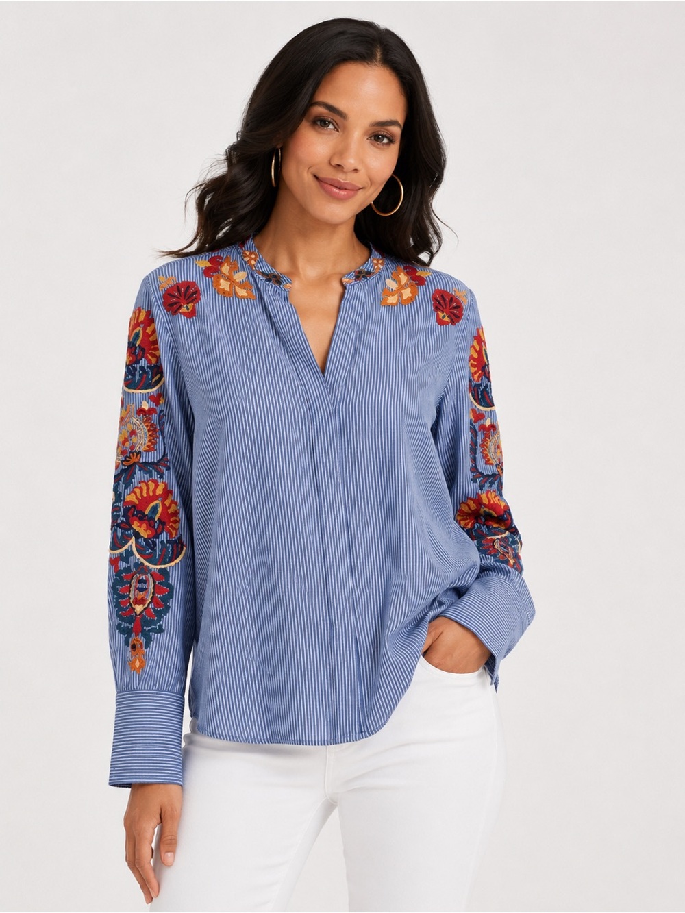 INC women’s embroidered blue and white pinstripe blouse 100% cotton size L